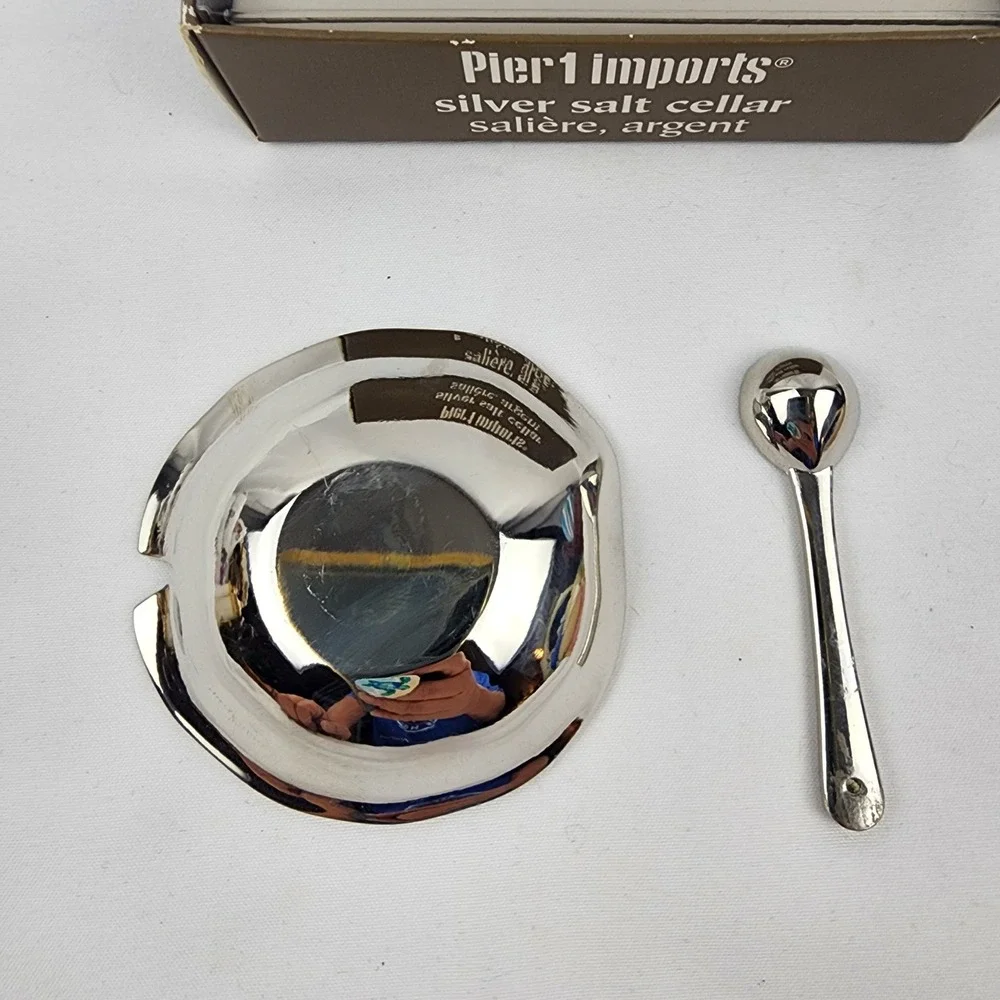 Pier 1 Imports Silver Salt Cellar with Spoon, Vintage‎ Kitchen Decor